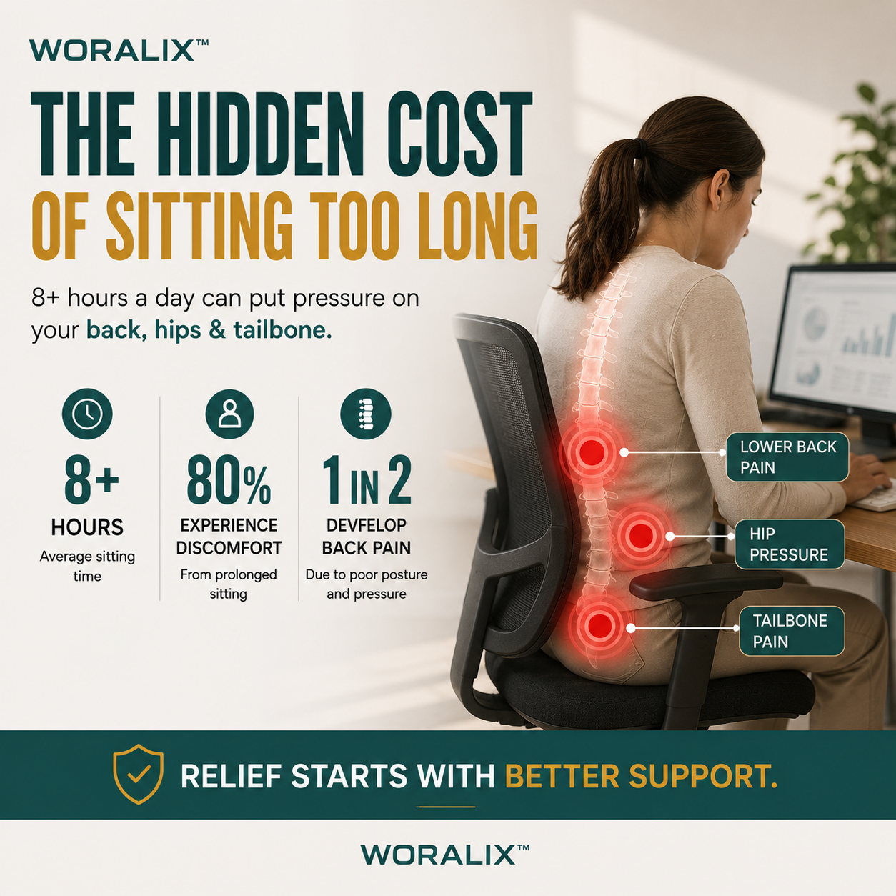 WORALIX™ CurveFlex — Ergonomic Back Support Seat Cushion With Lumbar Support