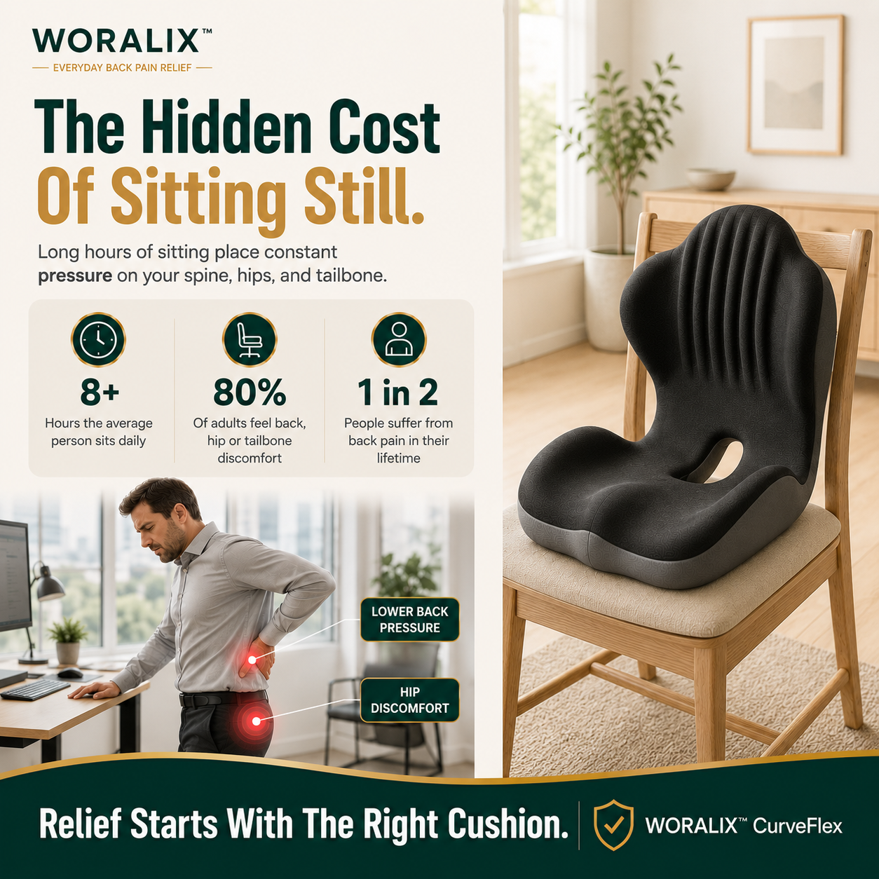 WORALIX™ CurveFlex — Ergonomic Back Support Seat Cushion With Lumbar Support