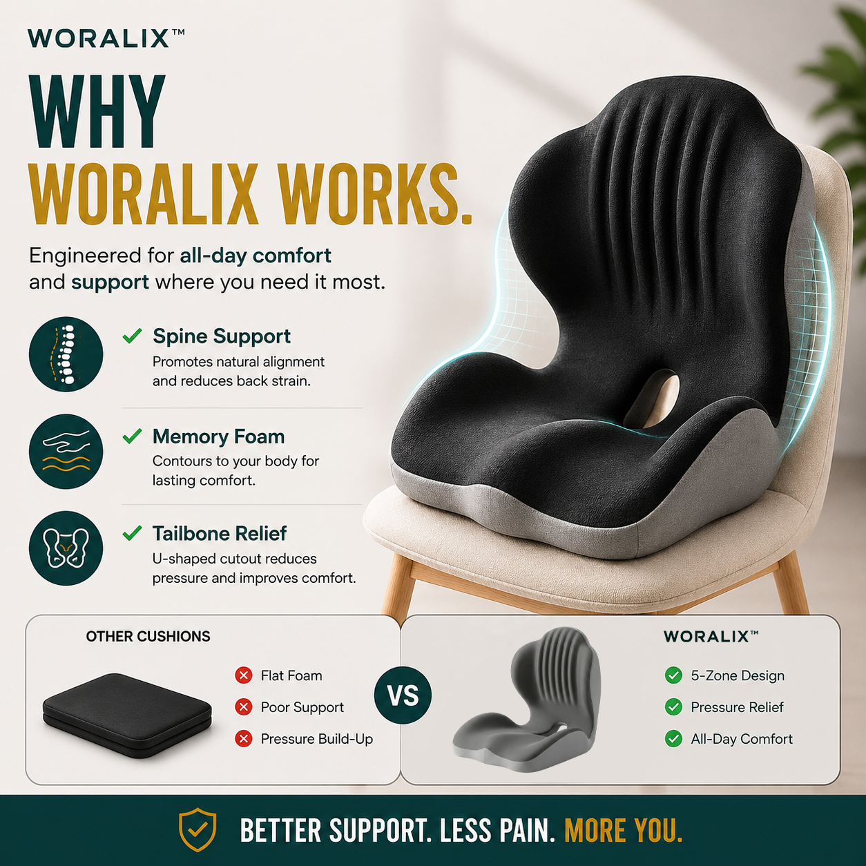 WORALIX™ CurveFlex — Ergonomic Back Support Seat Cushion With Lumbar Support