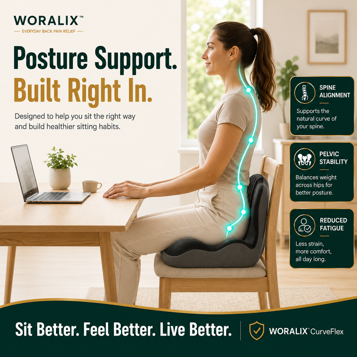 WORALIX™ CurveFlex — Ergonomic Back Support Seat Cushion With Lumbar Support