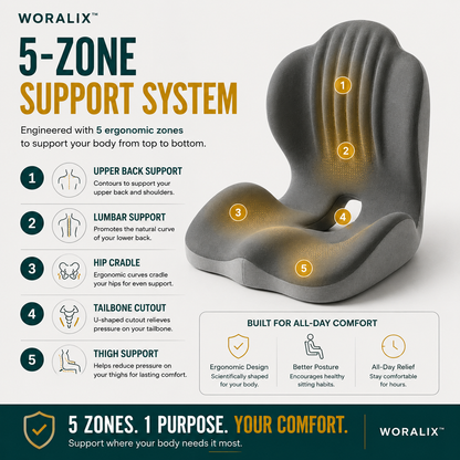 WORALIX™ CurveFlex — Ergonomic Back Support Seat Cushion With Lumbar Support