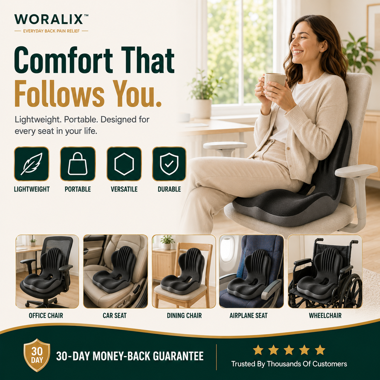WORALIX™ CurveFlex — Ergonomic Back Support Seat Cushion With Lumbar Support