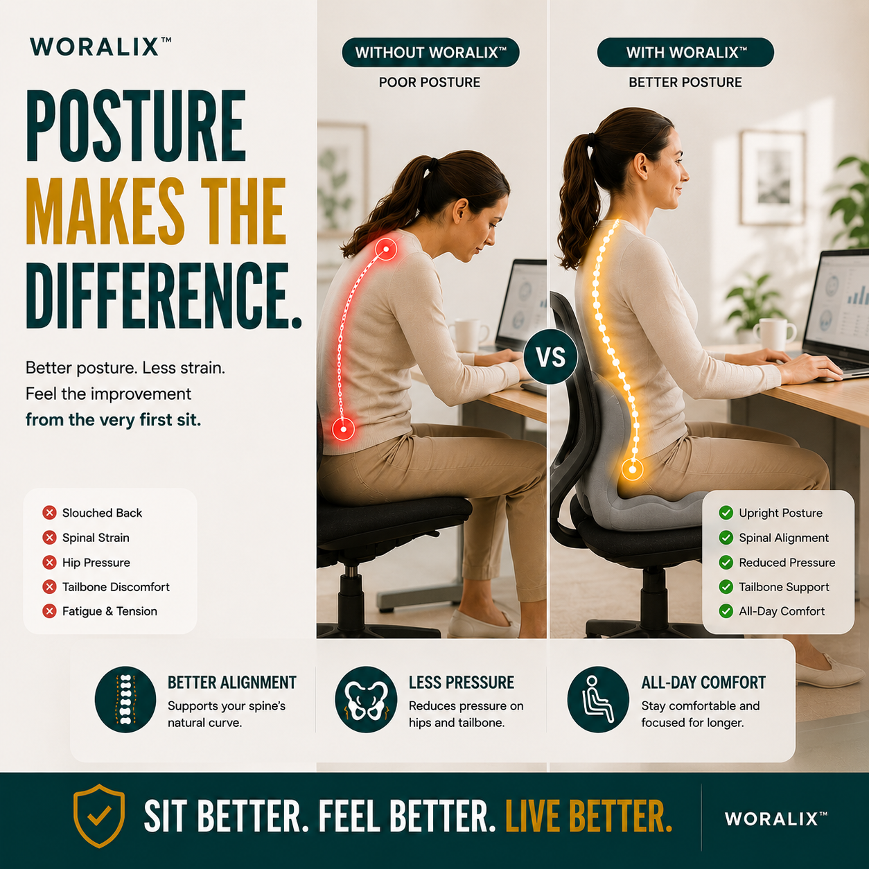 WORALIX™ CurveFlex — Ergonomic Back Support Seat Cushion With Lumbar Support
