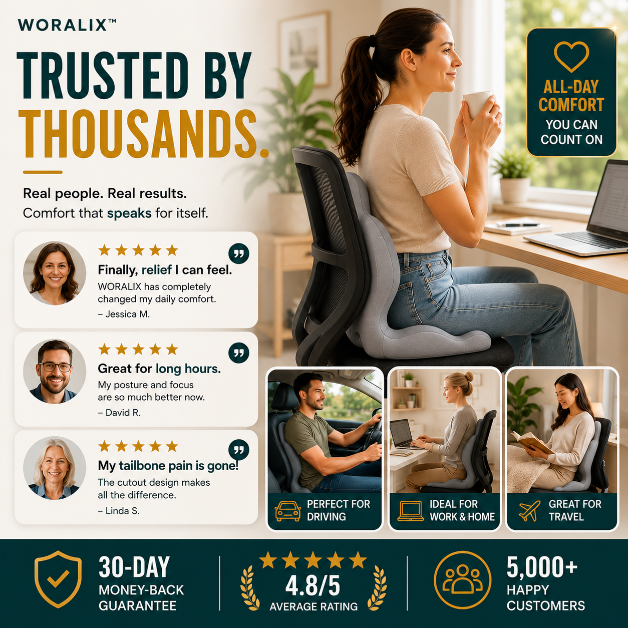 WORALIX™ CurveFlex — Ergonomic Back Support Seat Cushion With Lumbar Support