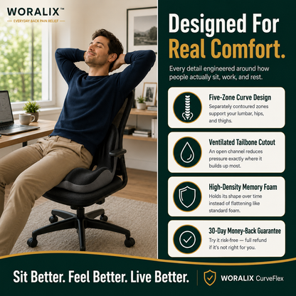 WORALIX™ CurveFlex — Ergonomic Back Support Seat Cushion With Lumbar Support