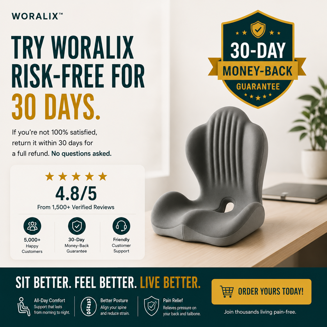 WORALIX™ CurveFlex — Ergonomic Back Support Seat Cushion With Lumbar Support